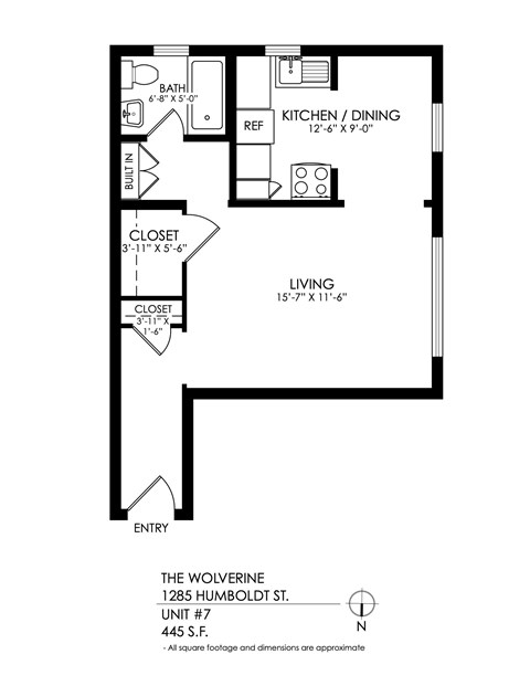 A black and white image of a floor plan for a one bedroom apartment.